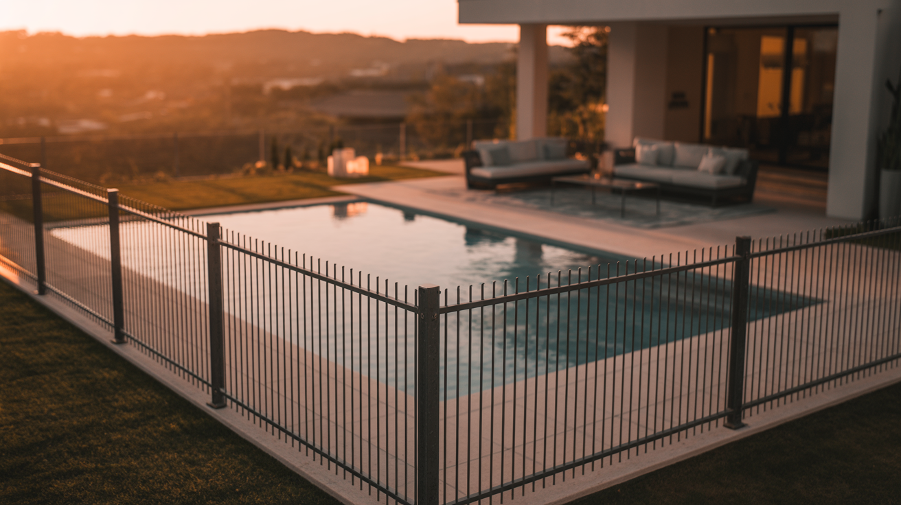 Luxury backyard with modern black aluminum fence at golden hour