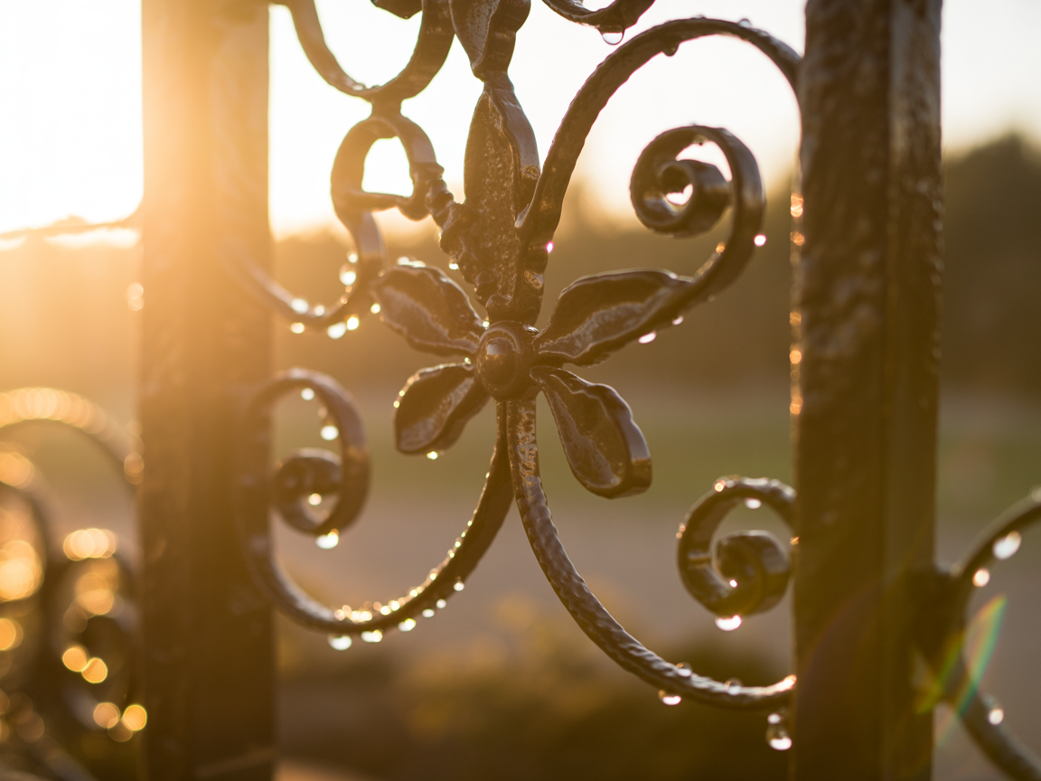 Ornate wrought iron gate scrollwork detail with morning dew