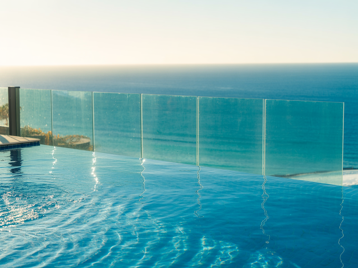 Frameless glass pool fence with infinity edge and ocean view